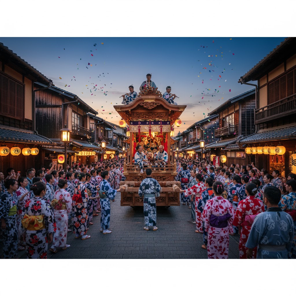 Traditional Gion Matsuri parade in Kyoto with people wearing yukatas