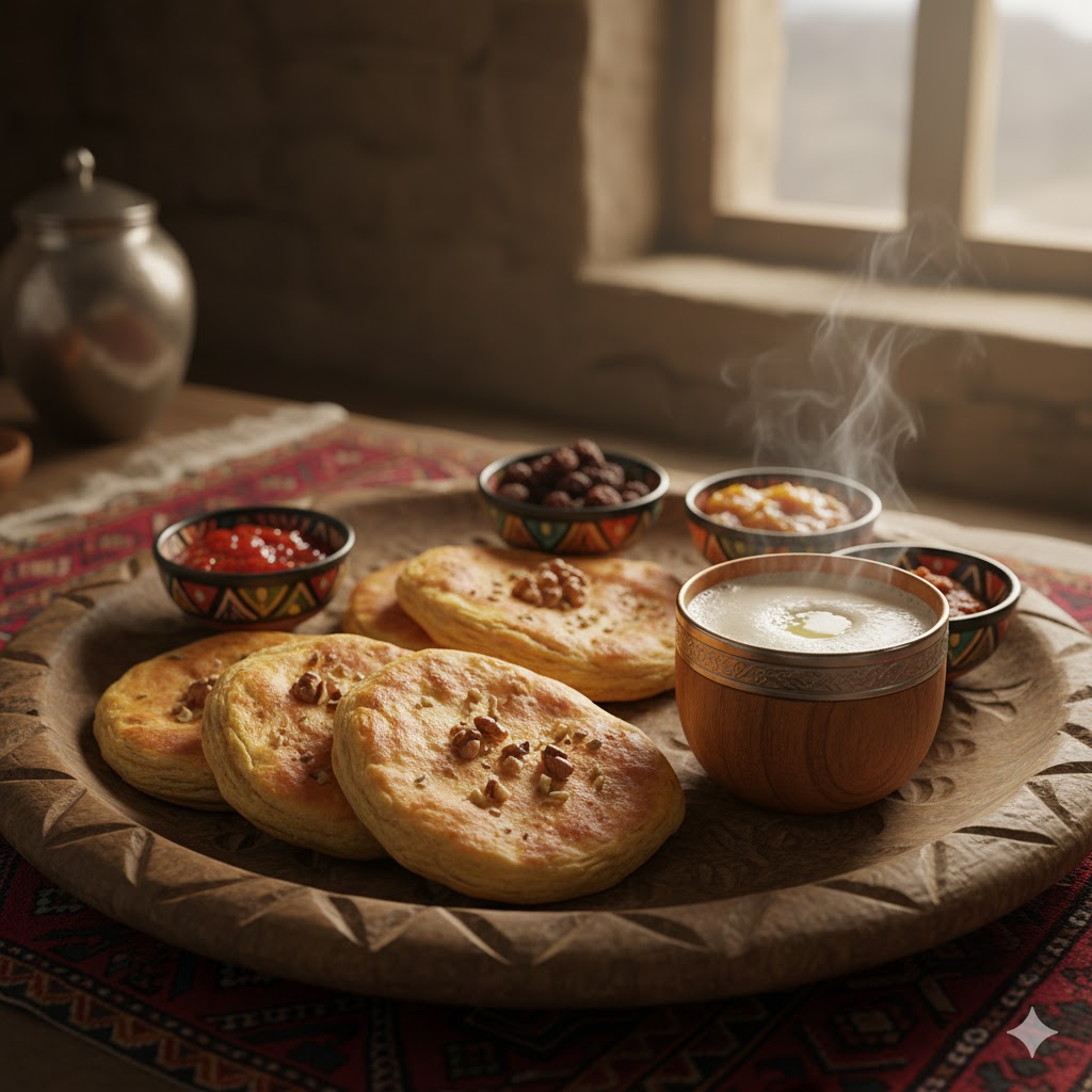 Traditional Hunza meal served on wooden platter with Diram Phitti and Butter Tea.