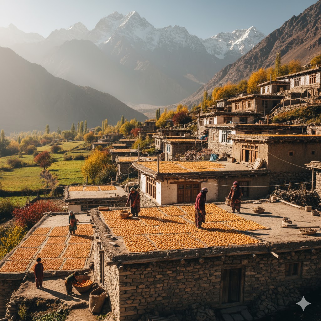 Traditional Hunza village homes in Karimabad with apricot drying on rooftops, displaying mountain lifestyle