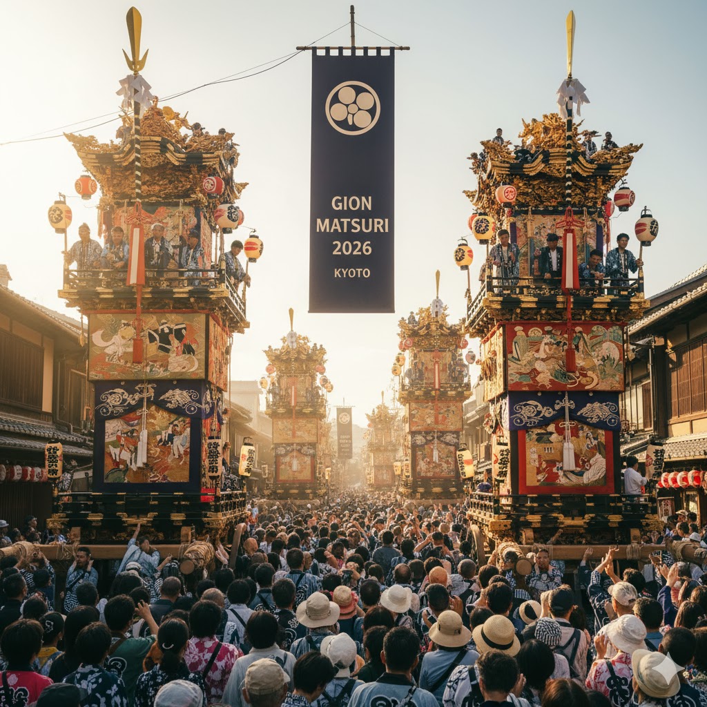 Traditional Japanese floats decorated for Gion Matsuri 2026 Kyoto Japan