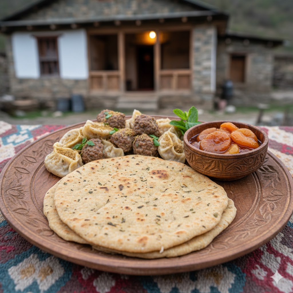 Traditional Kalash meal on a wooden plate featuring Ghalmandi, Momuna, and apricot preserves