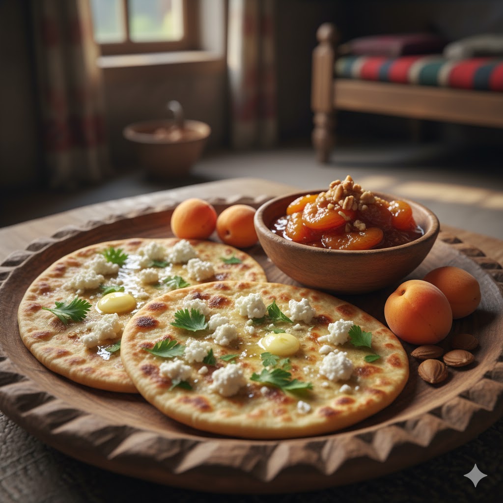 Traditional Kalash meal served on a wooden plate, featuring Ghalmandi and apricot dessert.