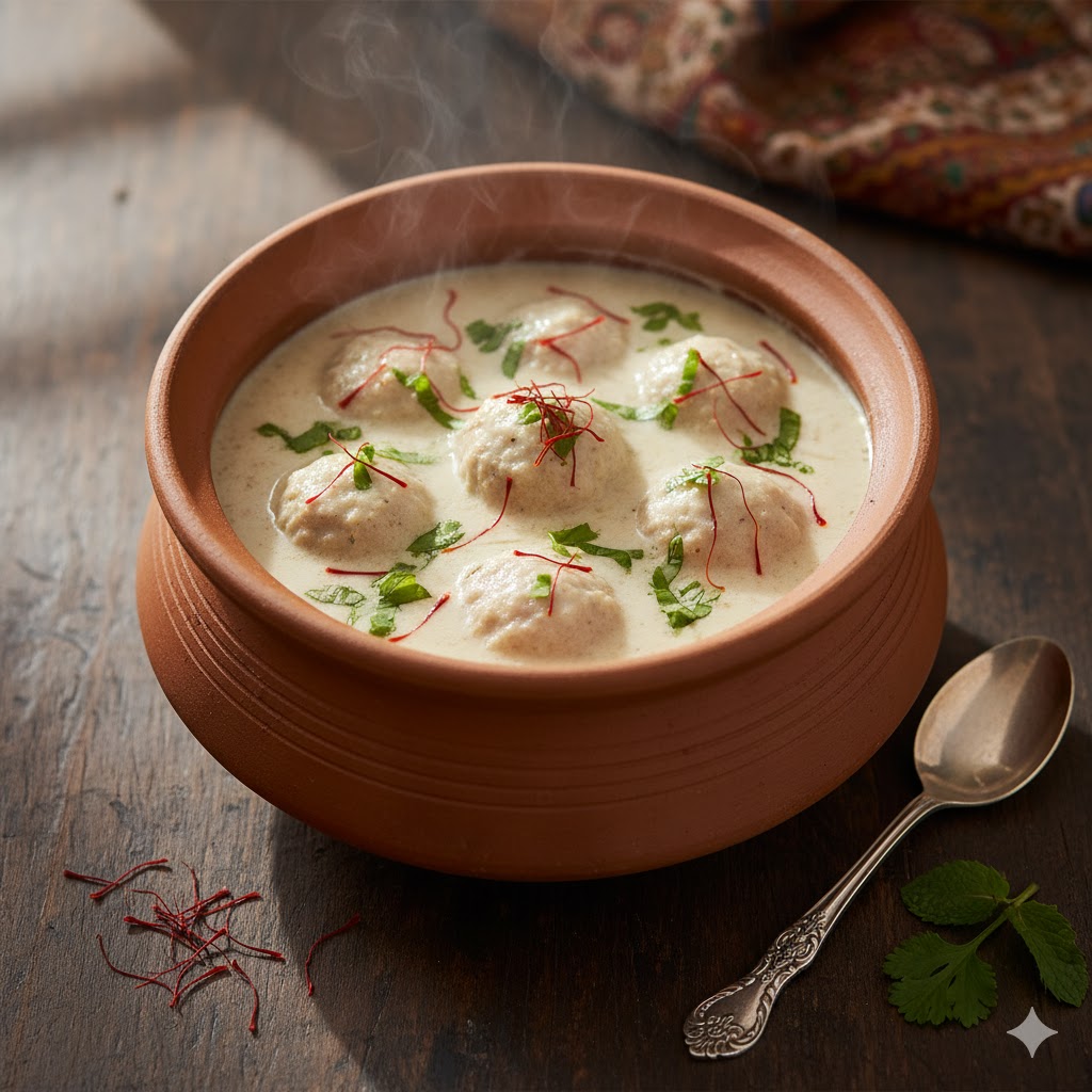 Traditional Kashmiri Gushtaba served in clay pot garnished with saffron and herbs
