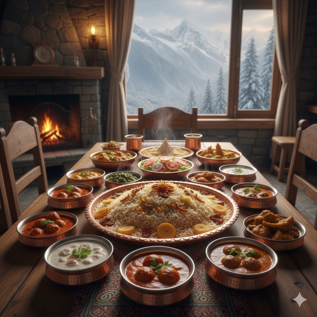 Traditional Kashmiri dishes served on wooden table in mountain lodge