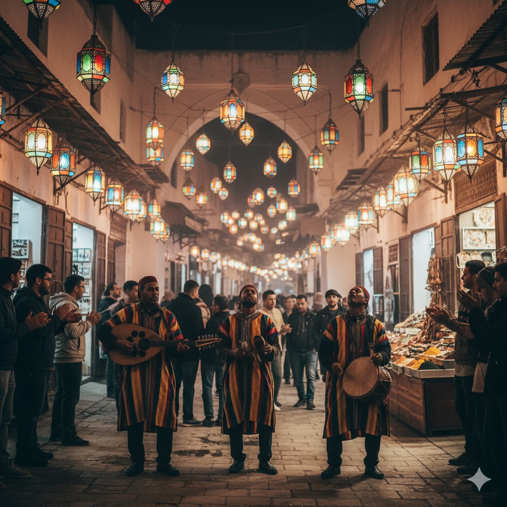 Traditional Moroccan musicians performing under lanterns in Fez Medina