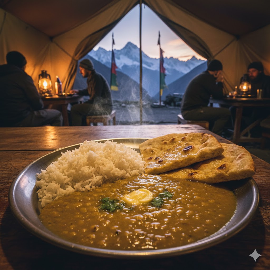 Traditional Pakistani meal at a trekking camp