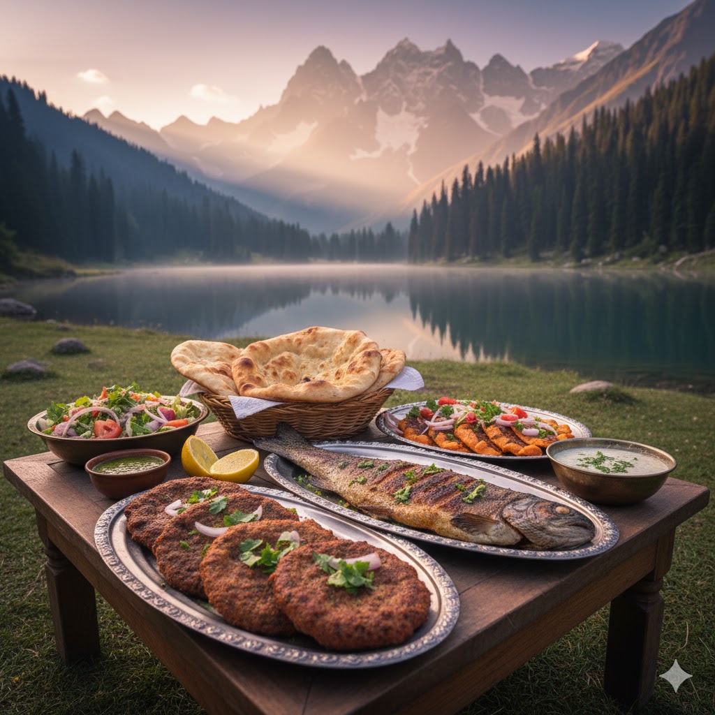 Traditional Pakistani meal including trout fish, Chapli Kebabs, and local bread in Naran Kaghan