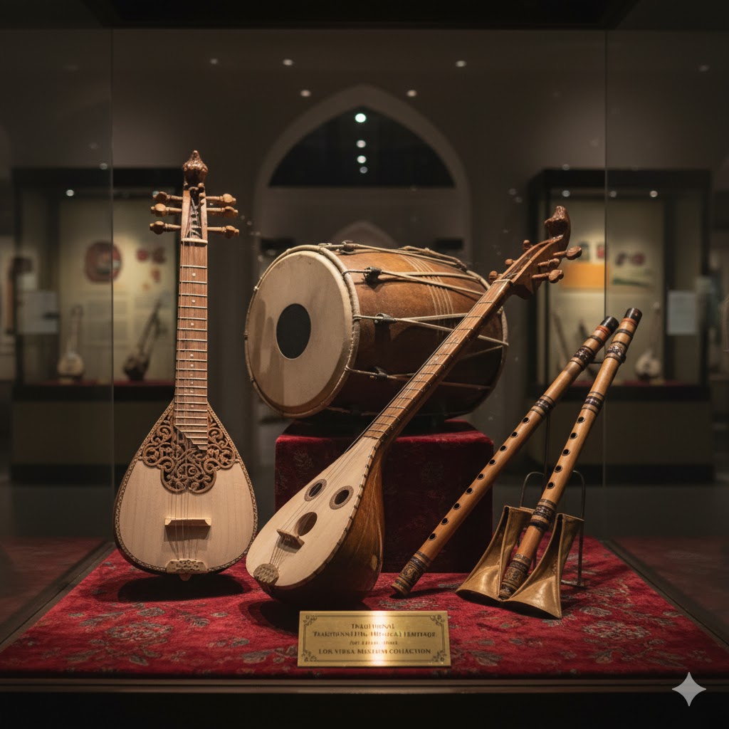 Traditional Pakistani musical instruments including rubab, dhol, suroz, and algoza displayed at Lok Virsa Heritage Museum Islamabad. Traditional Pakistani musical instruments including rubab, dhol, suroz, and algoza displayed at Lok Virsa Heritage Museum Islamabad.