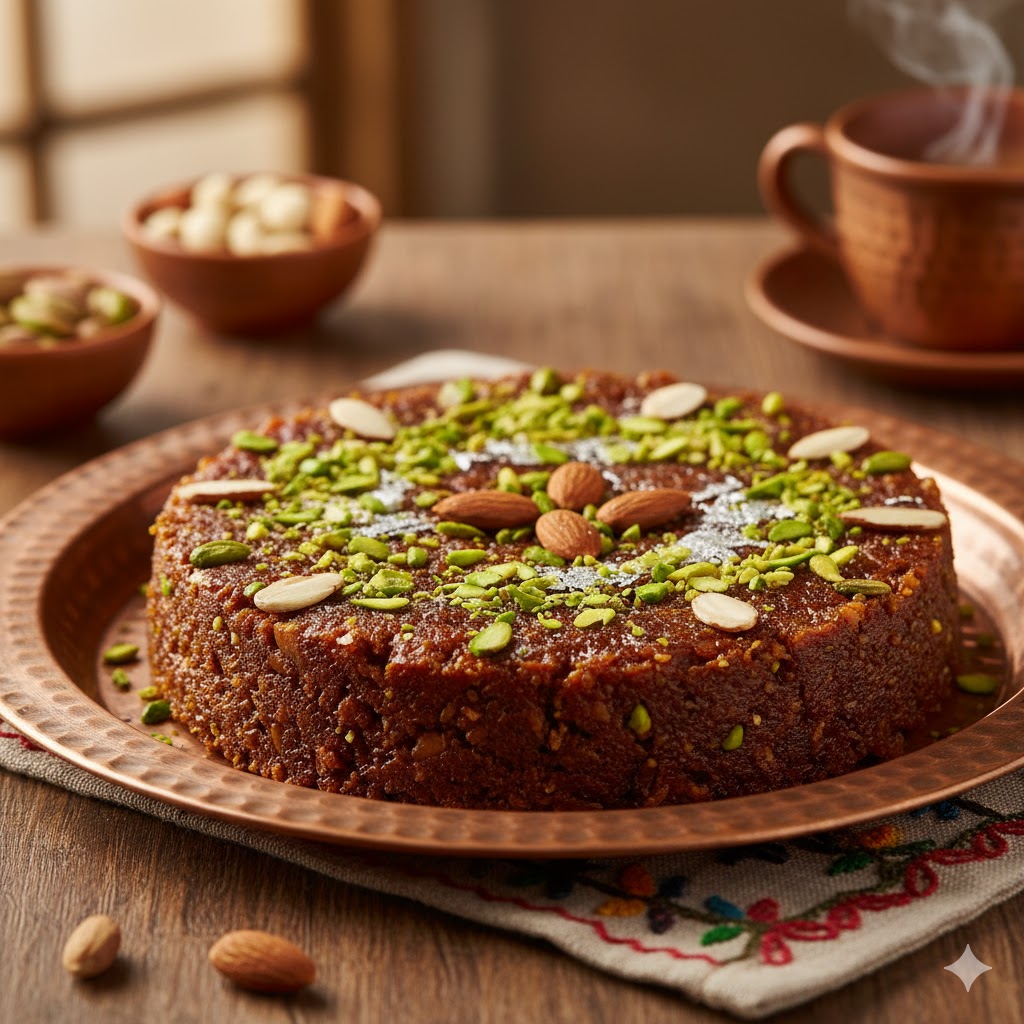 Traditional Sohan Halwa topped with pistachios and almonds served on a copper plate in Multan