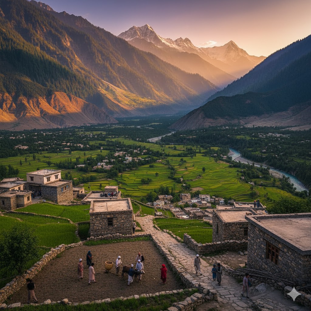 Traditional Swat village with locals and terraced fields