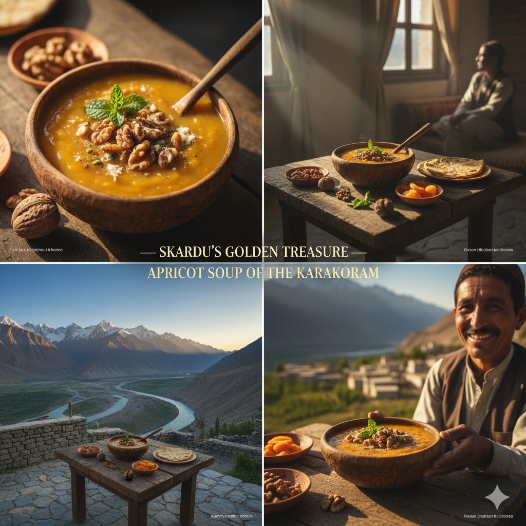 Traditional apricot soup with walnuts served in wooden bowl near Skardu