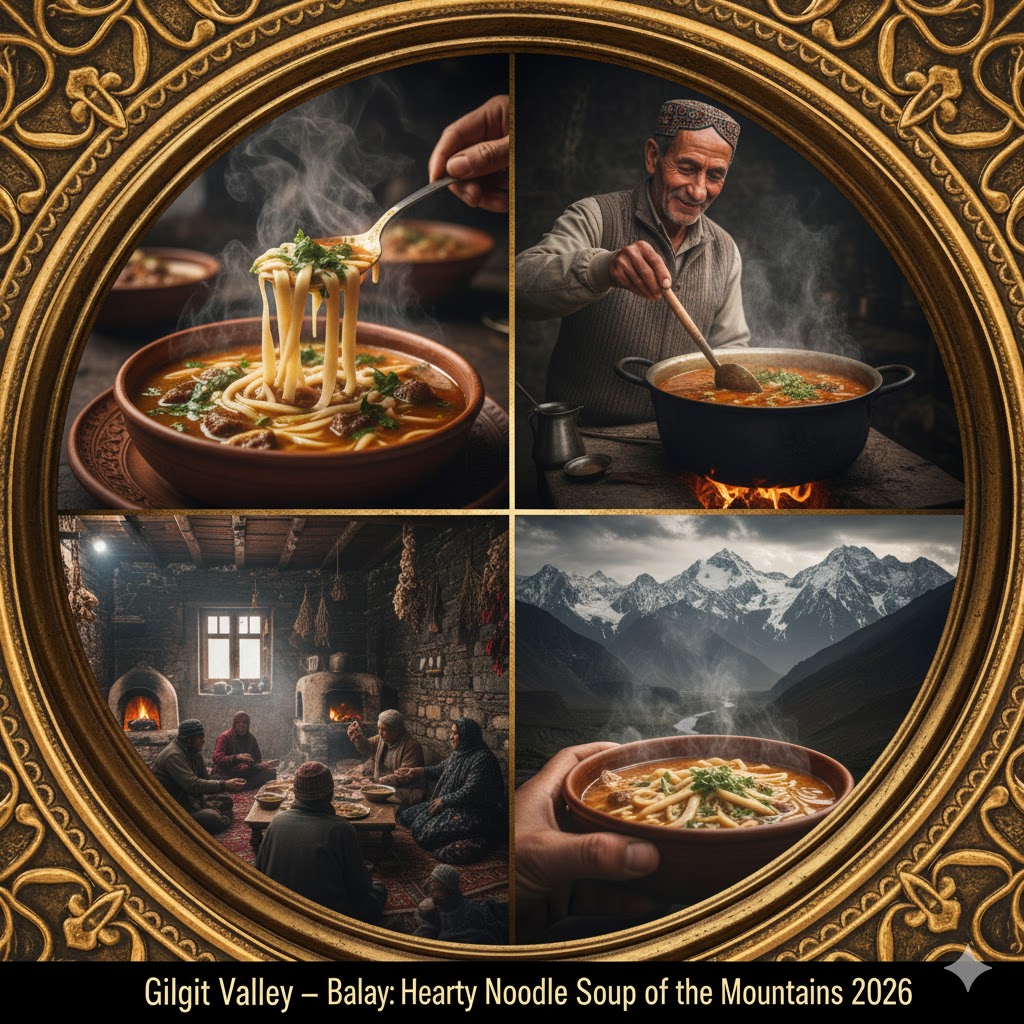 Traditional bowl of Balay soup with noodles and meat in Gilgit Valley