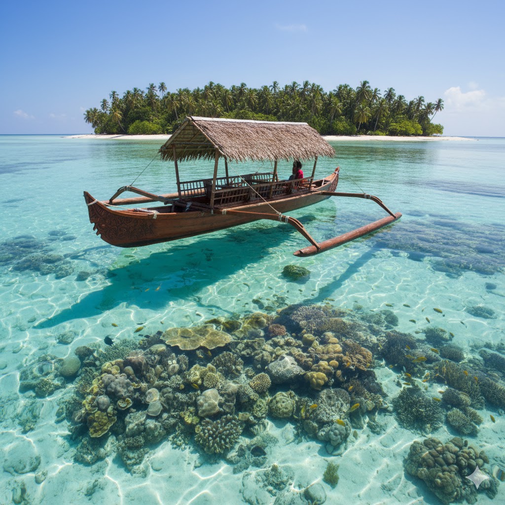 Traditional canoe floating on turquoise lagoon near coral reef, Solomon Islands
