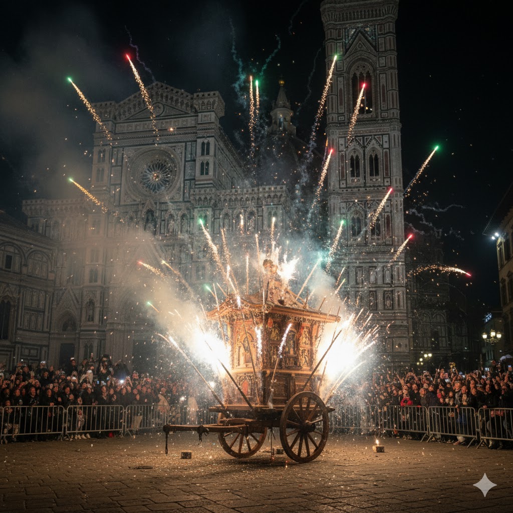 Traditional cart filled with fireworks igniting in Florence during Scoppio del Carro