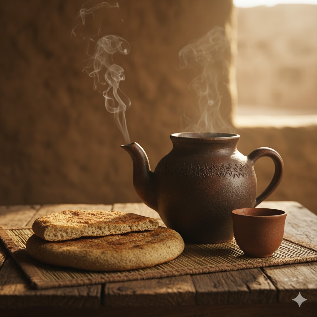 Traditional clay teapot with steaming Cholistani tea served beside desert-style millet bread.