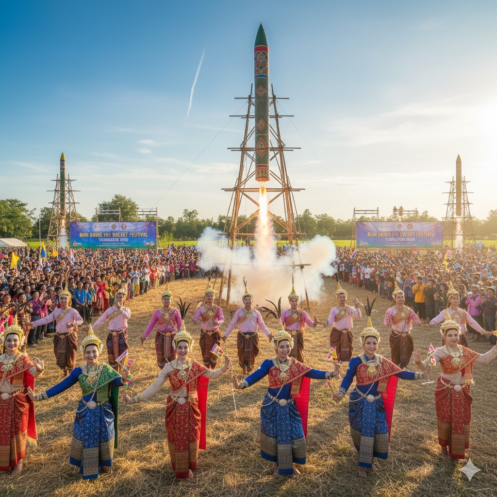 Traditional dancers and rockets launching at Rocket Festival 2026 in Thailand