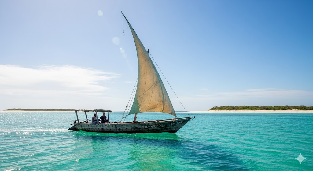 Traditional dhow boat sailing in turquoise waters near Bazaruto Islands, Mozambique