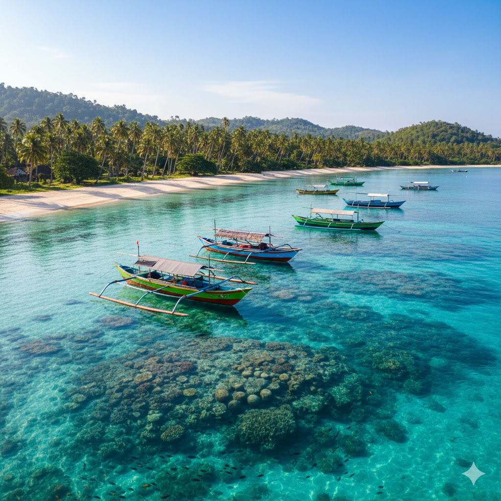 Traditional fishing boats anchored near turquoise reef waters, Timor-Leste
