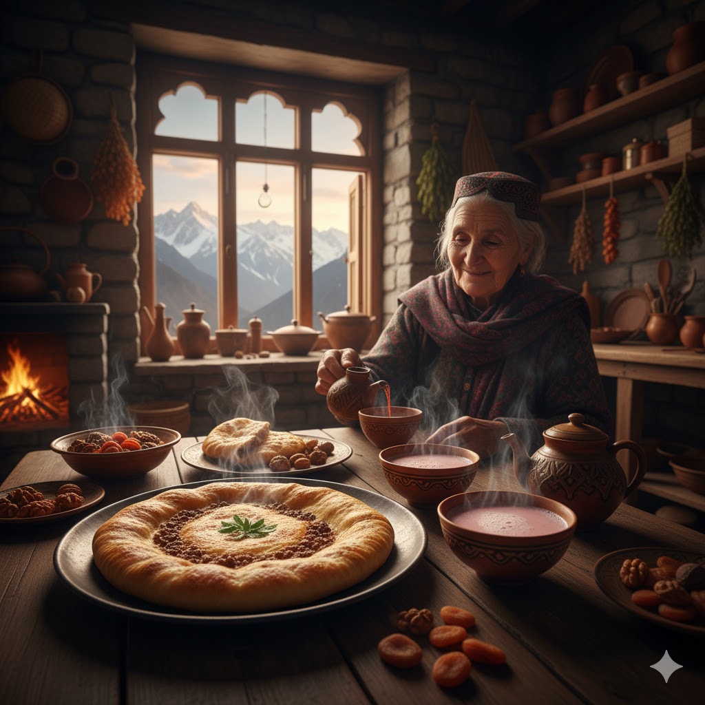 Traditional kitchen in Skardu serving Chapshuro and Butter Tea