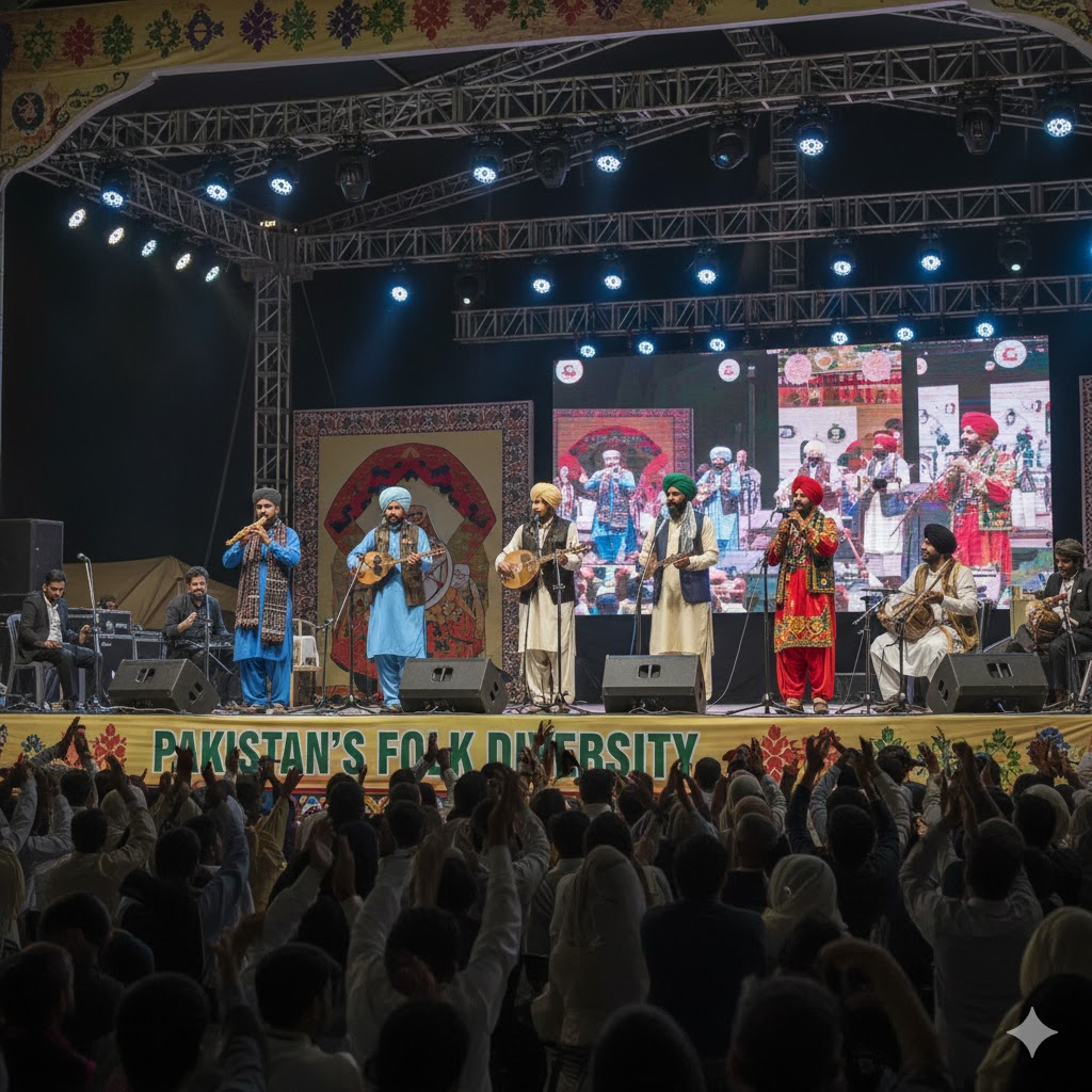 Traditional musicians from different provinces performing in national dress at Lok Virsa stage representing Pakistan’s folk diversity. Traditional musicians from different provinces performing in national dress at Lok Virsa stage representing Pakistan’s folk diversity.