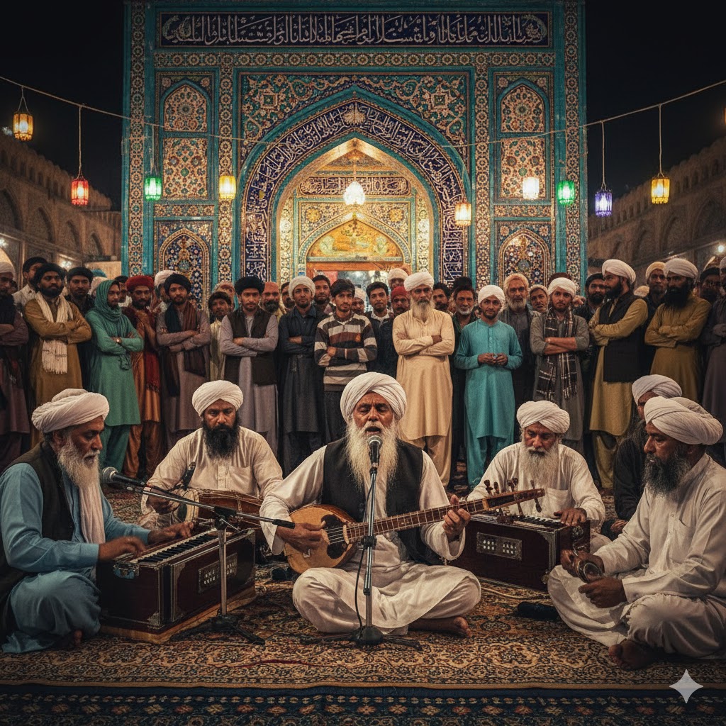 Traditional musicians performing Shah Jo Risalo poetry at Bhit Shah Urs Festival, Sindh Traditional musicians performing Shah Jo Risalo poetry at Bhit Shah Urs Festival, Sindh