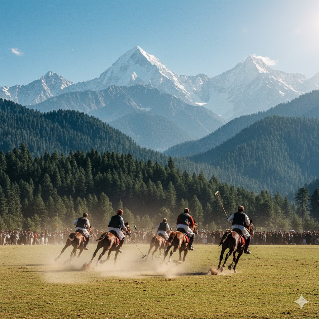 Traditional polo match in Rama Valley surrounded by pine forests and mountain backdrops