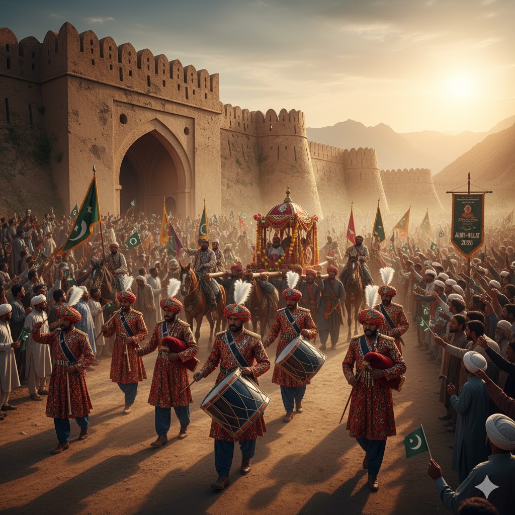 Traditional procession passing through Kalat Fort during Jashn-e-Kalat 2026