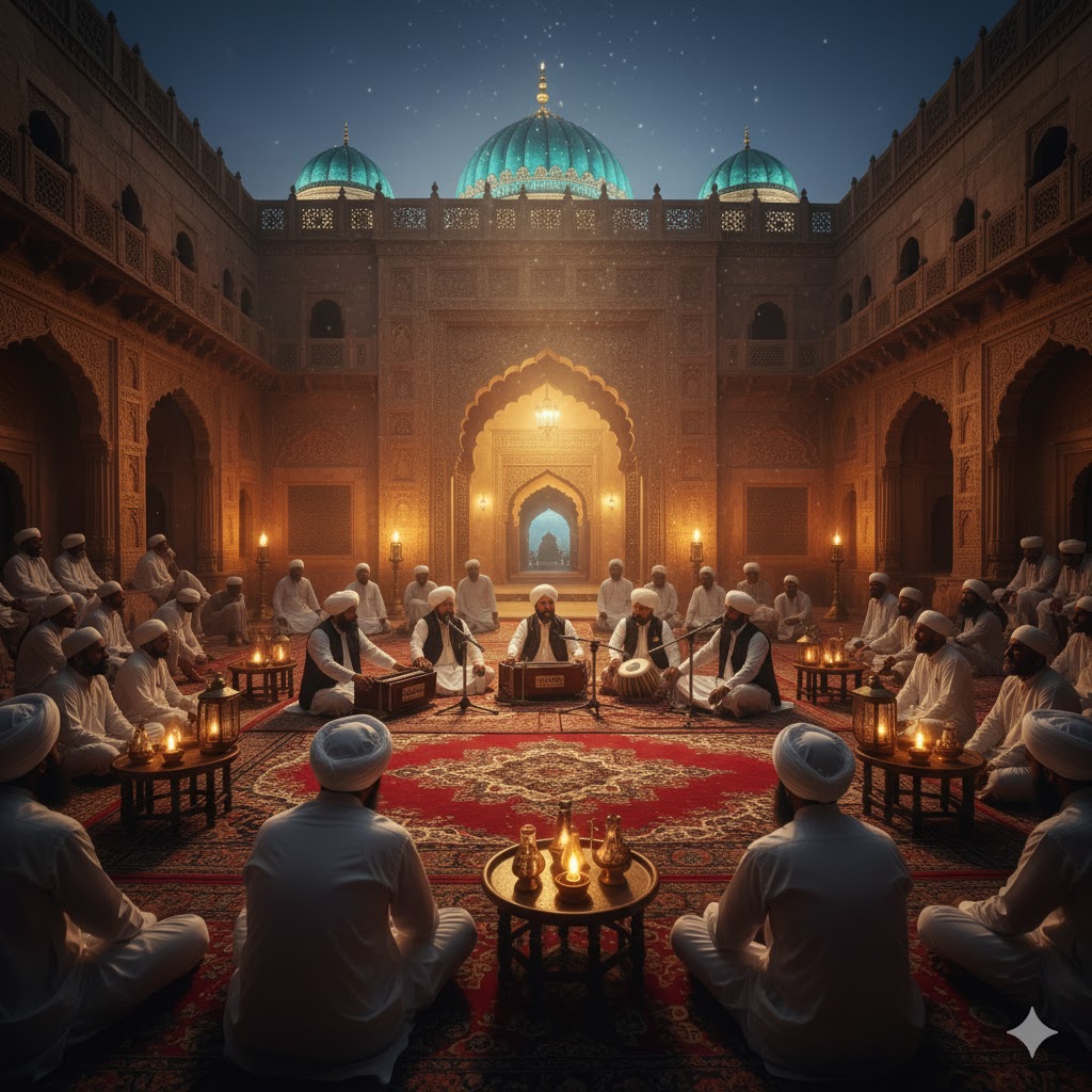 Traditional qawwali performance in Multan’s old city courtyard with harmonium and tabla players Traditional qawwali performance in Multan’s old city courtyard with harmonium and tabla players