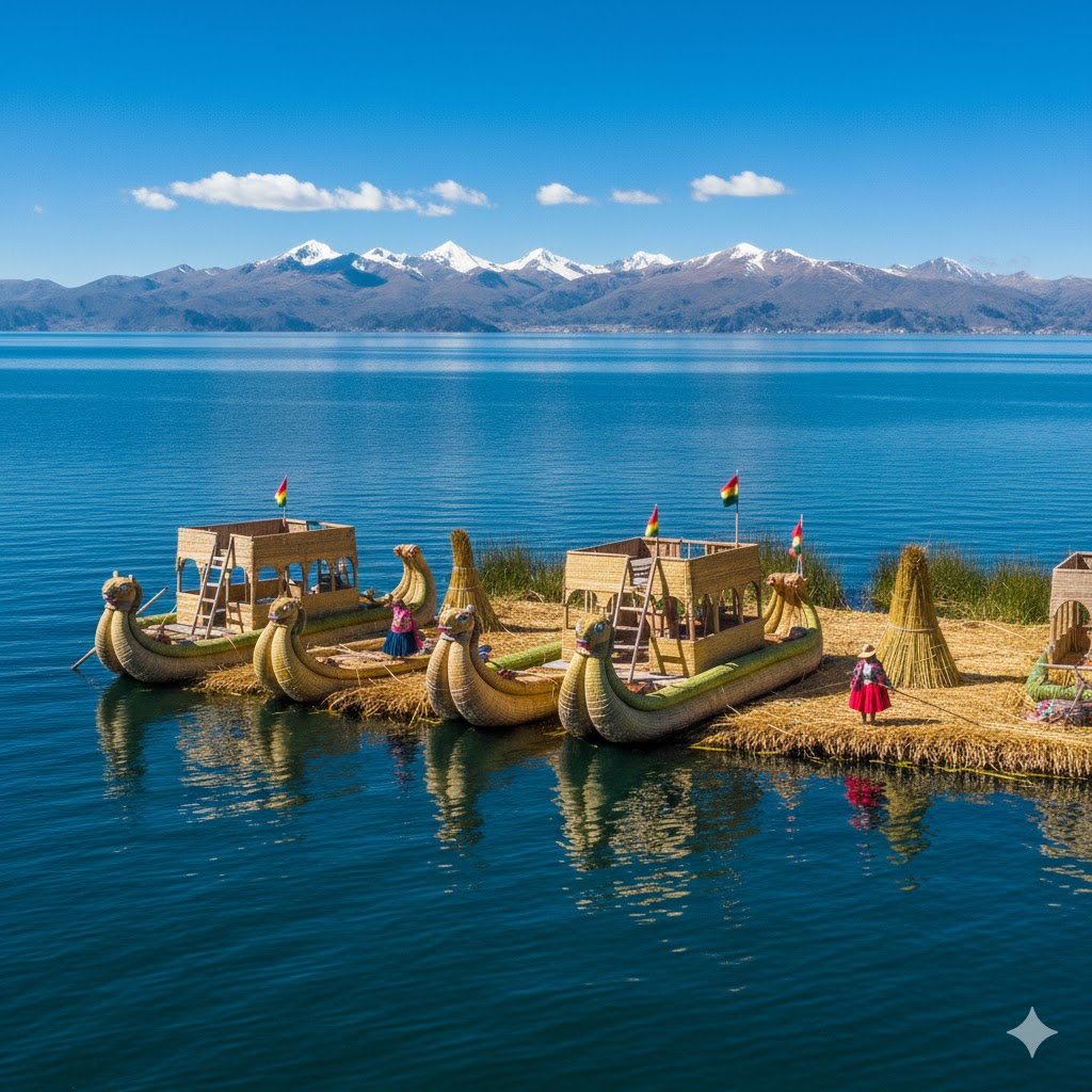 Traditional reed boats on Lake Titicaca with snow-capped Andes in the distance. Traditional reed boats on Lake Titicaca with snow-capped Andes in the distance.