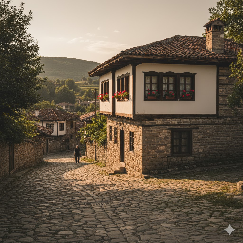 Traditional stone house in Kovachevitsa, Bulgaria with cobblestone streets