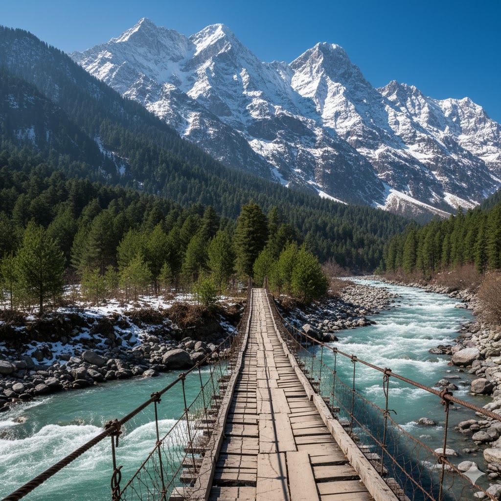Traditional wooden bridge over the Gurez River surrounded by snow-capped peaks