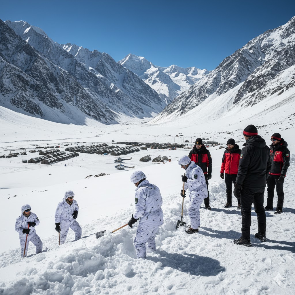 Trainees practicing snow rescue drills during Pakistan Army Winter Survival Camp in Rattu under alpine supervision.