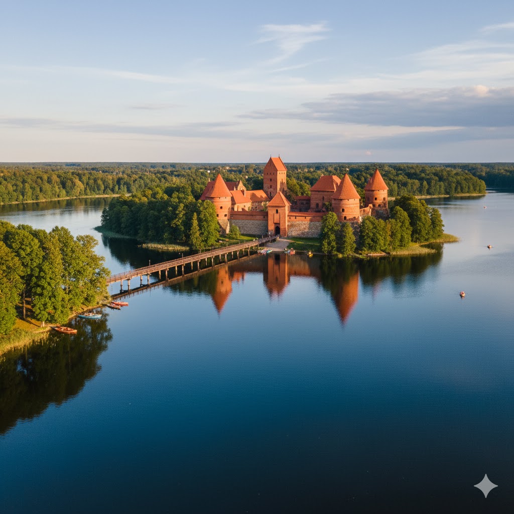 Trakai Castle surrounded by blue lake waters and forests, Lithuania