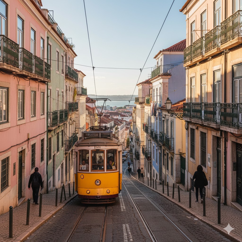 Tram gliding past pastel houses in Lisbon