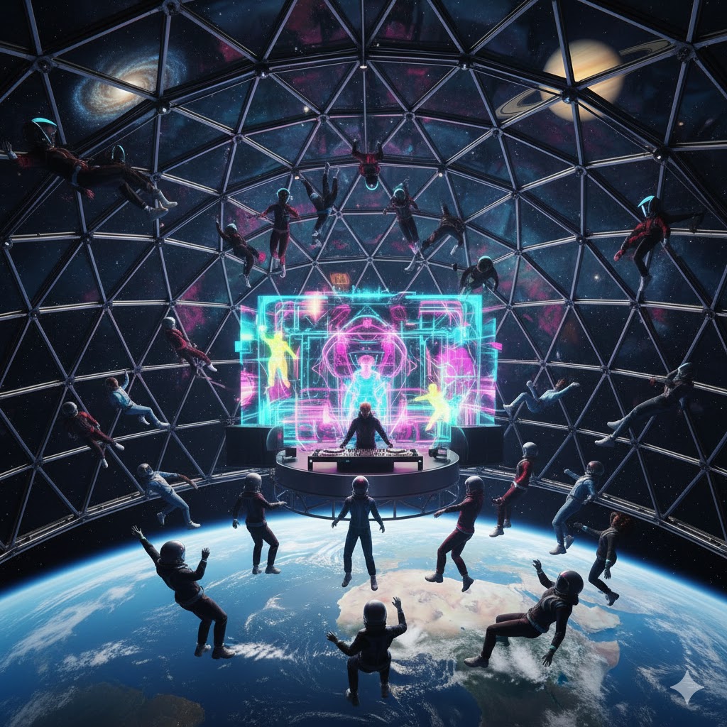 Transparent space concert dome orbiting Earth with glowing lights and audience in zero gravity