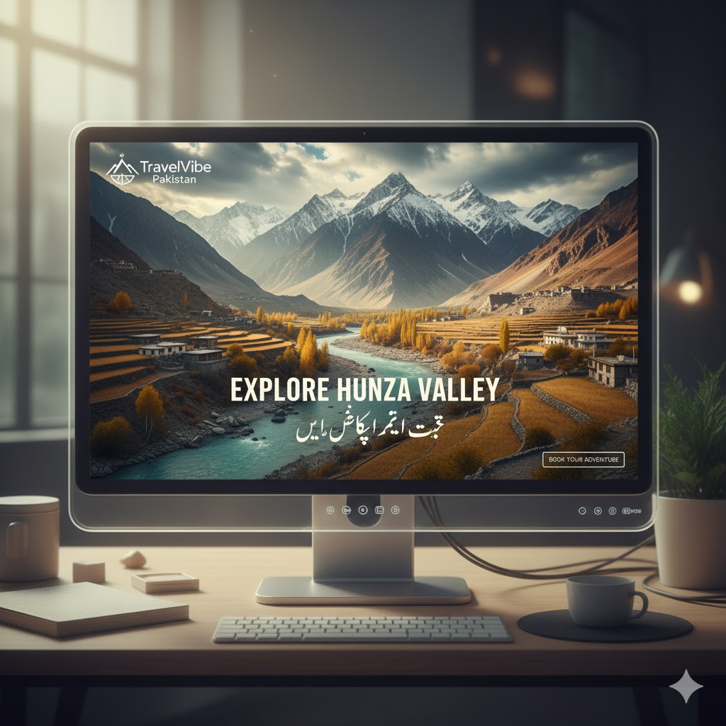 TravelVibe Pakistan digital poster showing Hunza Valley mountains with bilingual headline