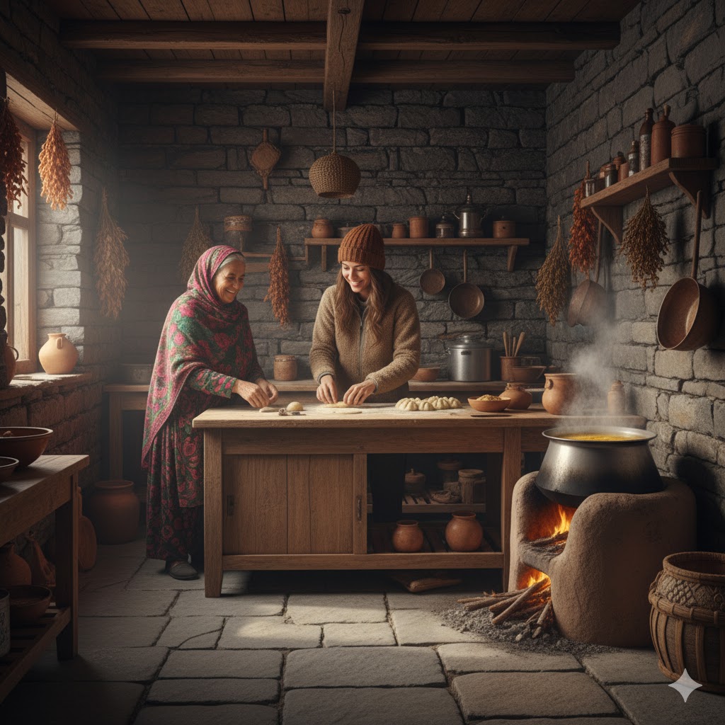 Traveler and local woman sharing cooking duties in a stone kitchen in Shigar Valley