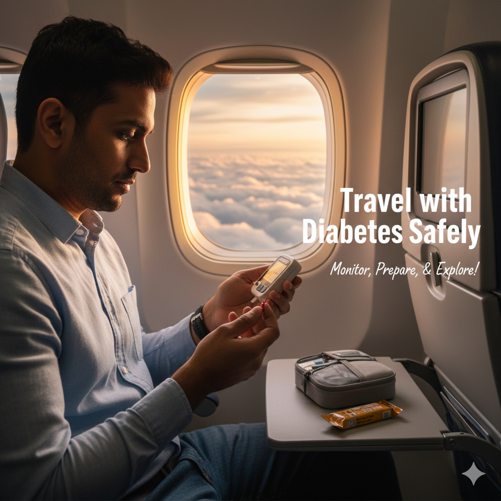 Traveler checking blood glucose before flight