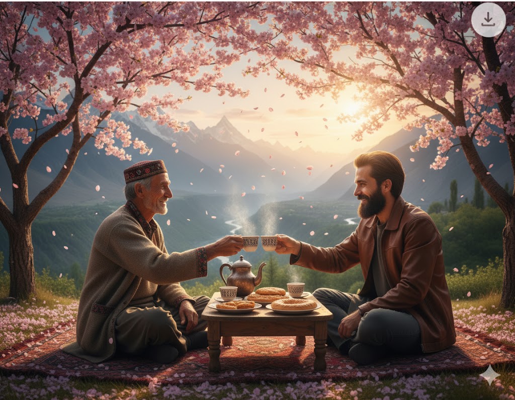 Traveler clinking tea cup with local elder under cherry blossom trees in Hunza