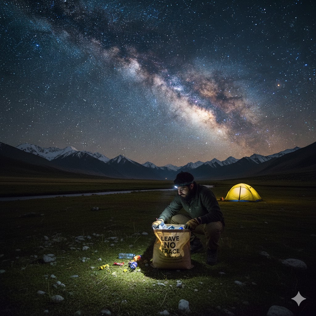 Traveler collecting litter in reusable bag at Deosai campsite. Traveler collecting litter in reusable bag at Deosai campsite.