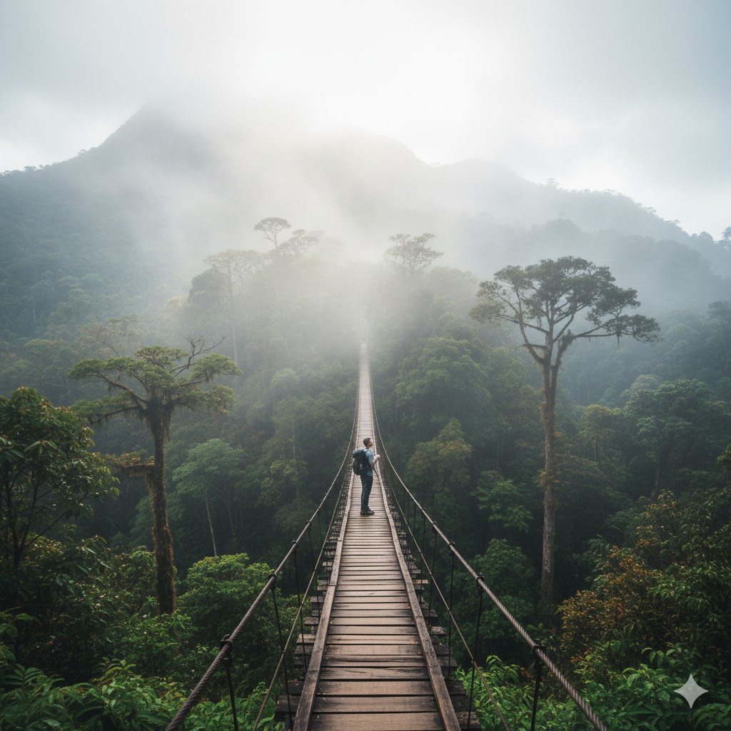 Traveler crossing a hanging bridge in the rainforest of Costa Rica surrounded by mist