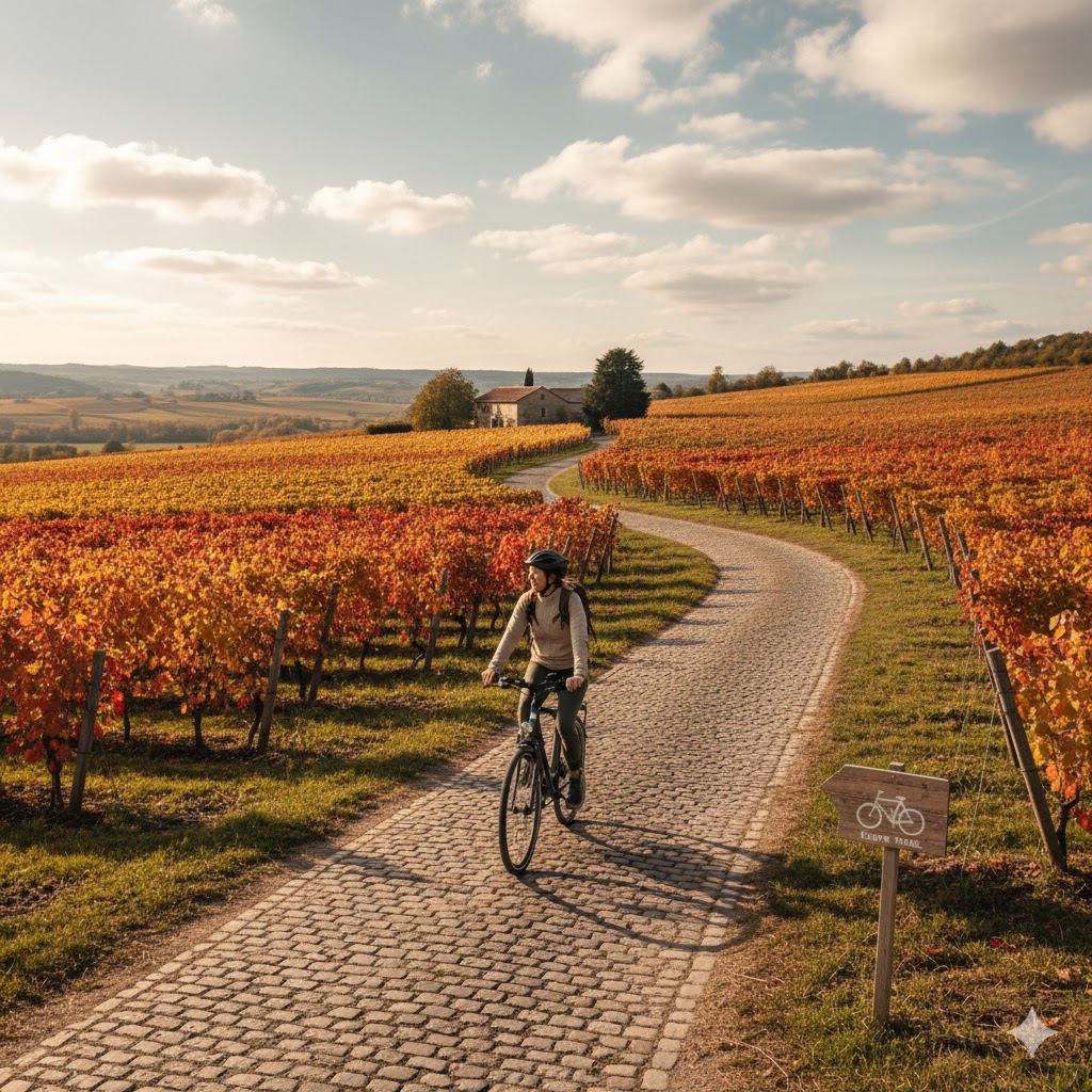 Traveler cycling through countryside vineyard road Europe 2026 eco travel