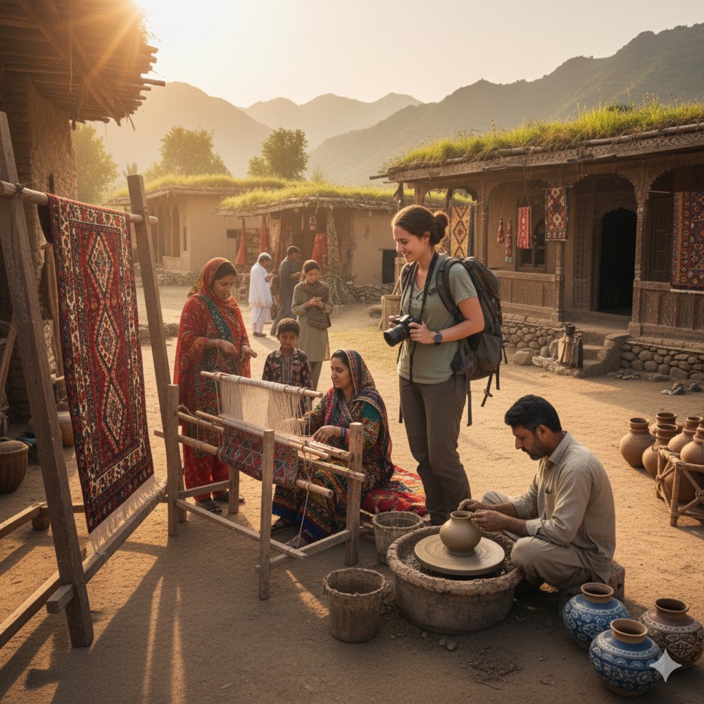 Traveler engaging with artisans while exploring a Pakistani handicraft village