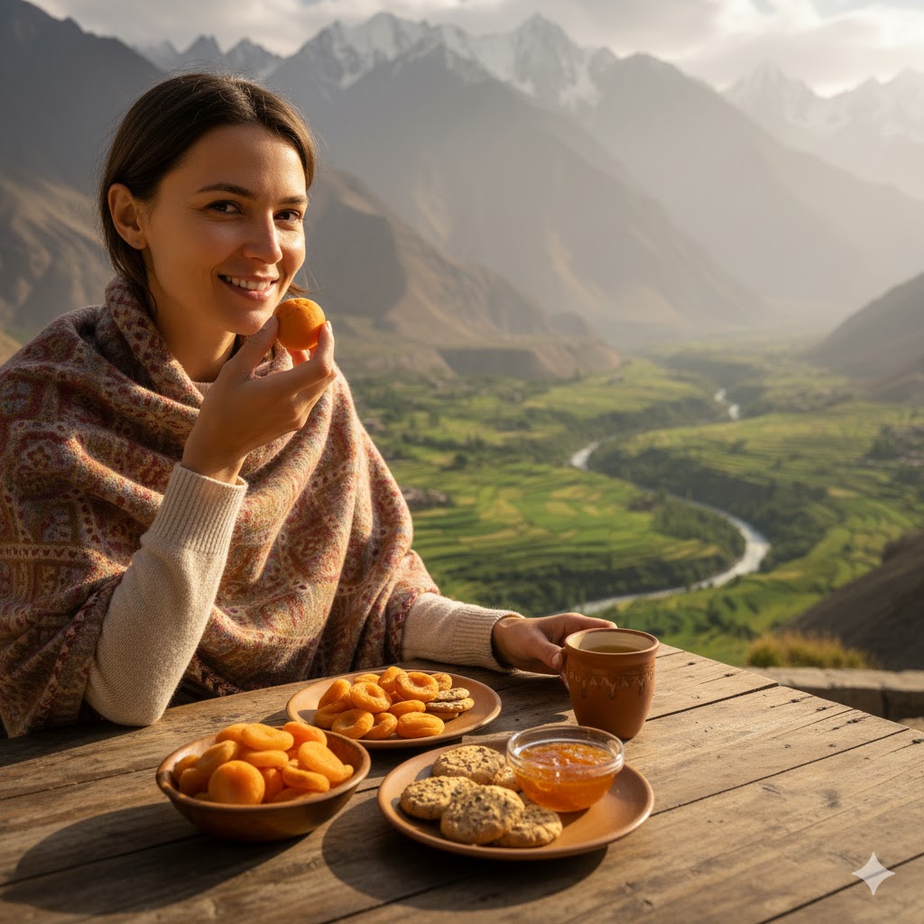 Traveler enjoying Hunza local apricot delicacies