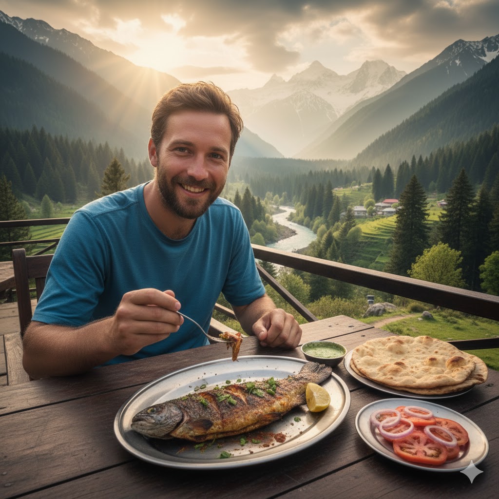 Traveler enjoying Swat traditional trout fish dish
