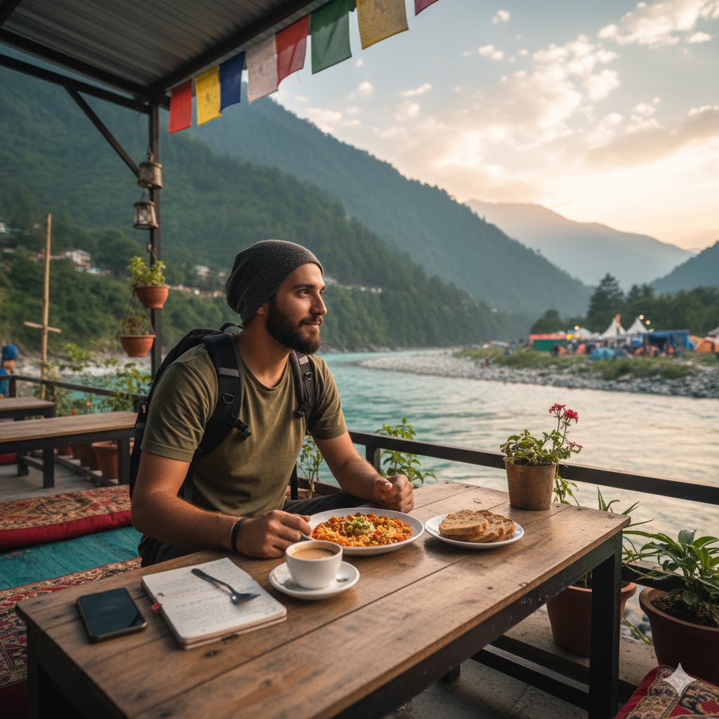 Traveler enjoying meal at riverside café near Freedom Festival Kasol