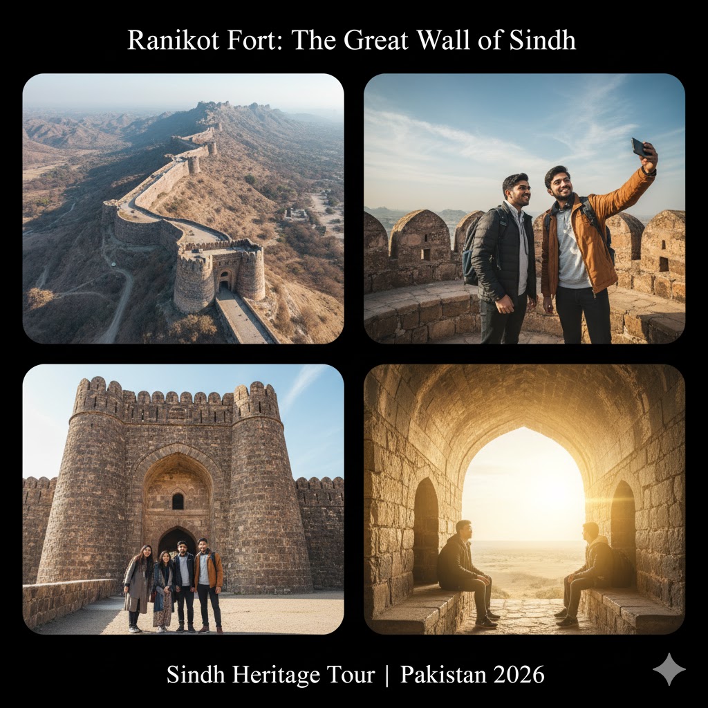 Traveler exploring Ranikot Fort’s Sann Gate during winter, symbolizing heritage tourism in Pakistan