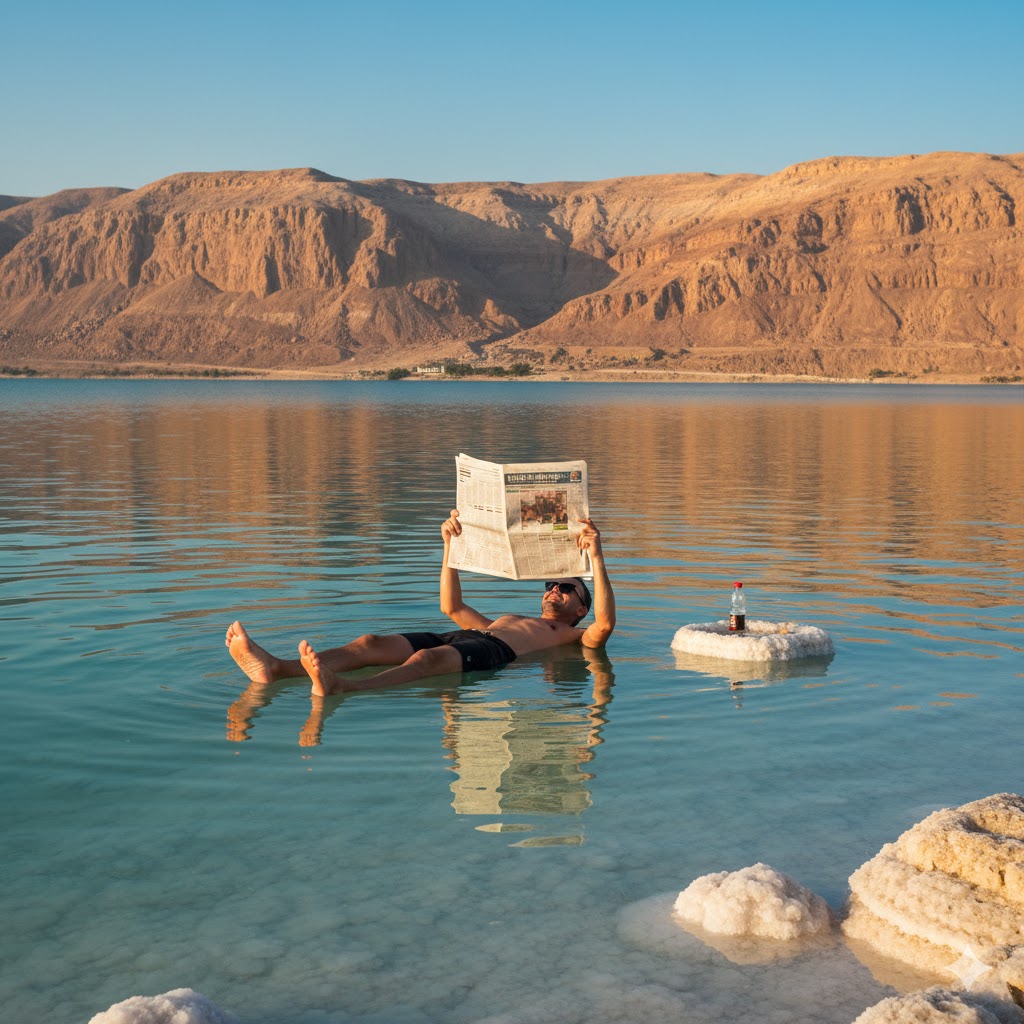 Traveler floating on the Dead Sea reading a newspaper with desert cliffs in background. Traveler floating on the Dead Sea reading a newspaper with desert cliffs in background.