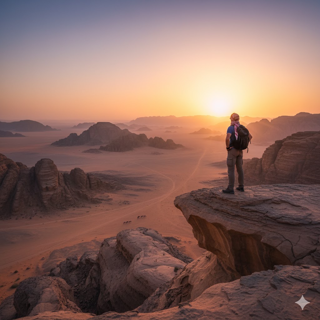 a traveler gazing at a desert horizon blending into sunrise light in Jordan