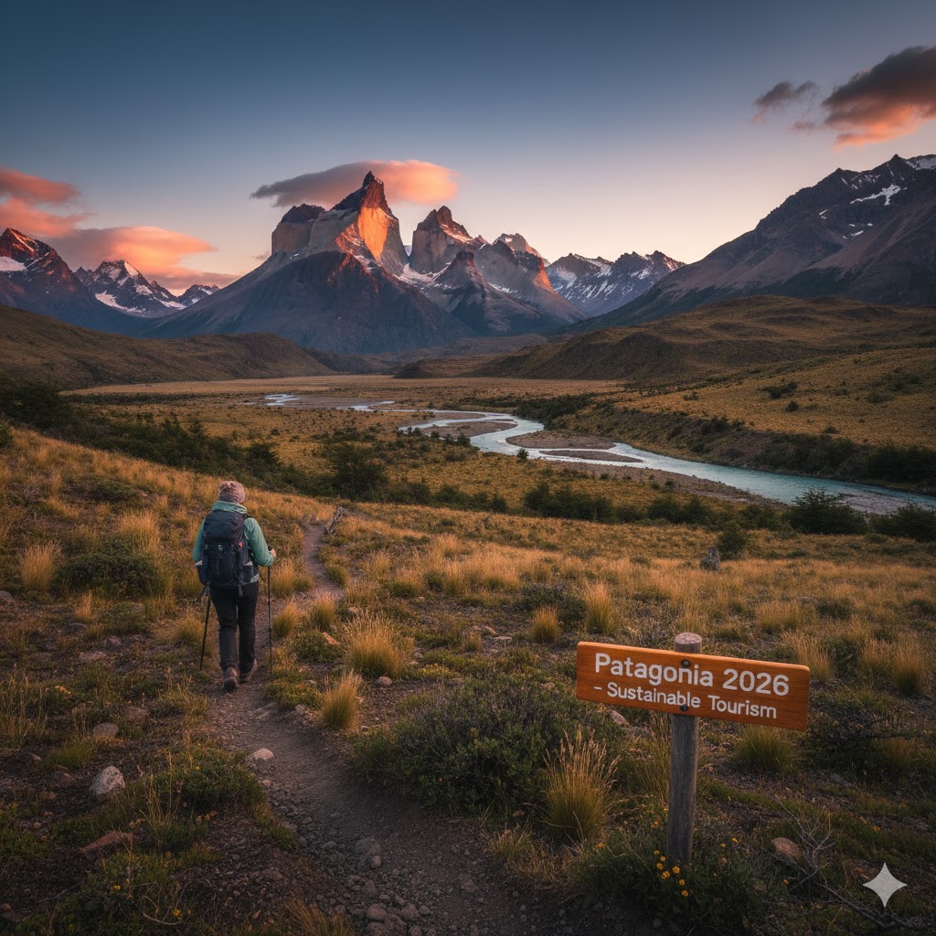 Traveler hiking through Patagonian valley sunrise 2026 sustainable tourism
